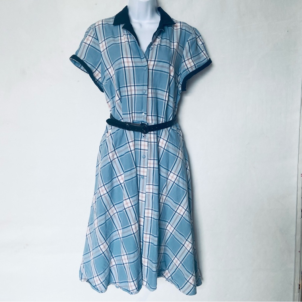 Unique Vintage Blue Plaid Shirt Dress - XL/14